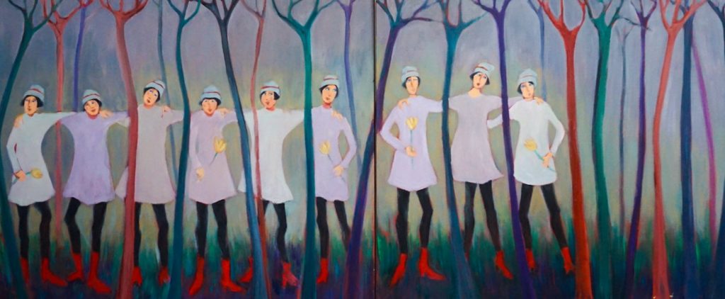 Audrey Mabee painting women in the trees