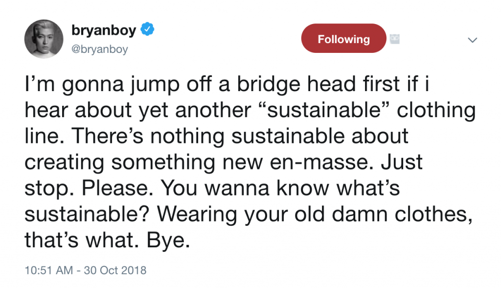 Bryan Boy Sustainability Tweet